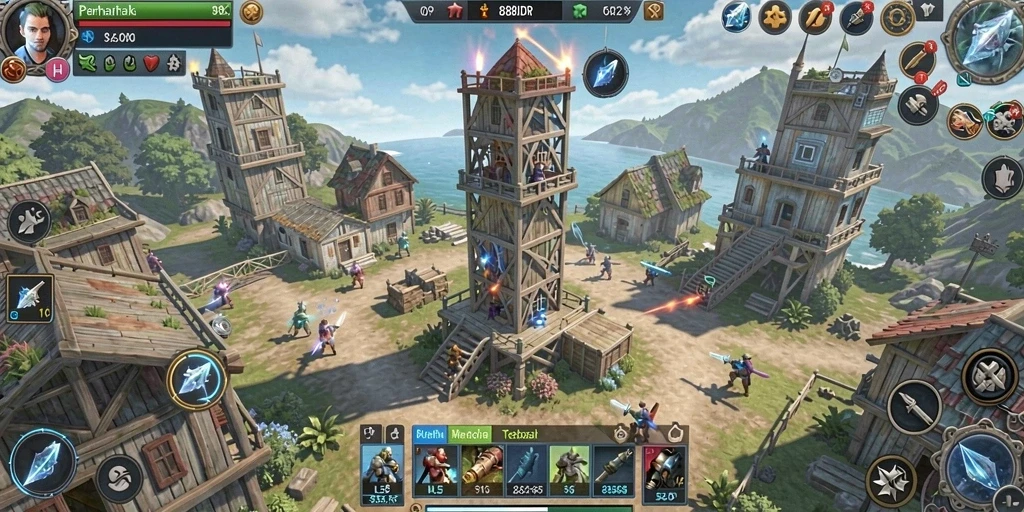 Screenshot gameplay 888IDR menampilkan serangan menara yang megah.