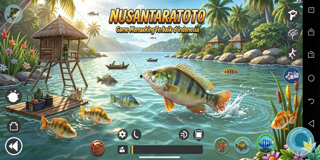 Screenshot gameplay NUSANTARATOTO dengan pemandangan yang memukau dan aktivitas memancing.