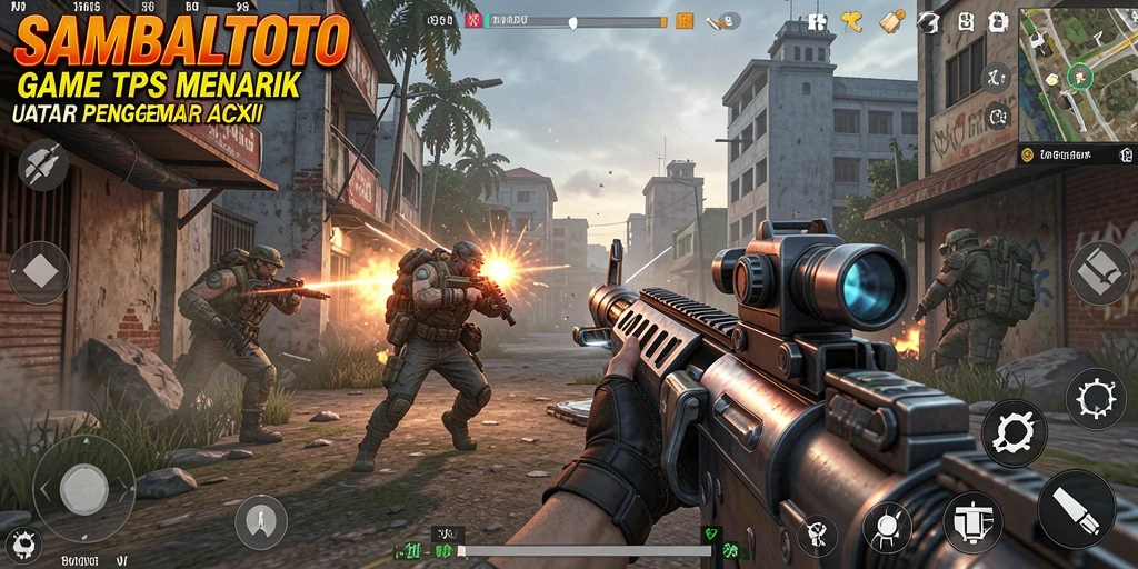 Screenshot gameplay <strong>SAMBALTOTO</strong> menampilkan aksi seru dalam pertempuran TPS.