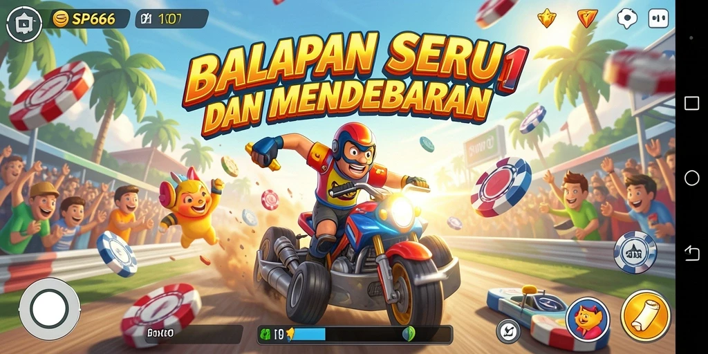 Screenshot SP666 menampilkan balapan seru dengan mobil yang melaju kencang di lintasan.